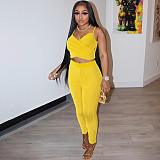 Yellow Mesh Camisole Vest And Tight Pants Two Piece Set XINY-D25ST220