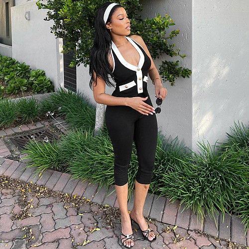 Contrast Color V-Neck Gold Button Halter Neck Backless Top Tight Cropped Trousers Two-Piece Set XINY-J25ST124