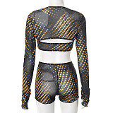 Women's strapless patchwork polka dot mesh printed low-cut three pieces set XINY-J25ST187