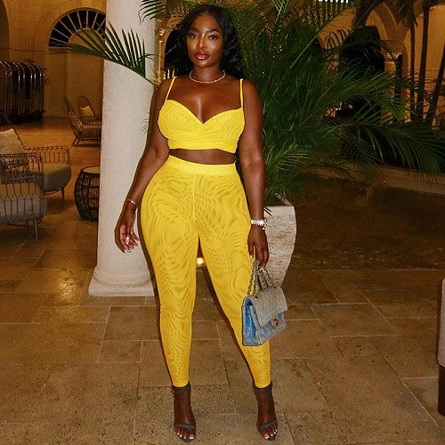 Yellow Mesh Camisole Vest And Tight Pants Two Piece Set XINY-D25ST220