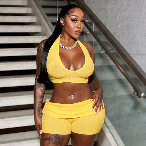 Sexy Hanging Neck Tie Rope Navel-Exposed Vest Navel-Exposed Shorts Two-Piece Set XINY-D25ST155