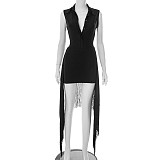 Sexy women lapel collar buttons bodysuit and tassel mini skirts XINY-D25ST152