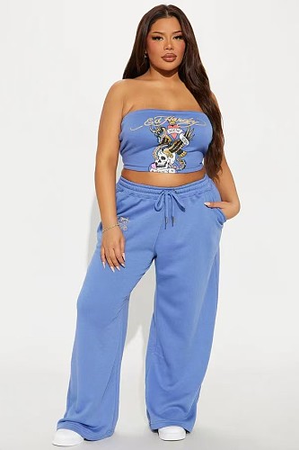 Super sexy strapless printed crop tops with wide-leg long pants women sets 2 pieces QYUE-1313