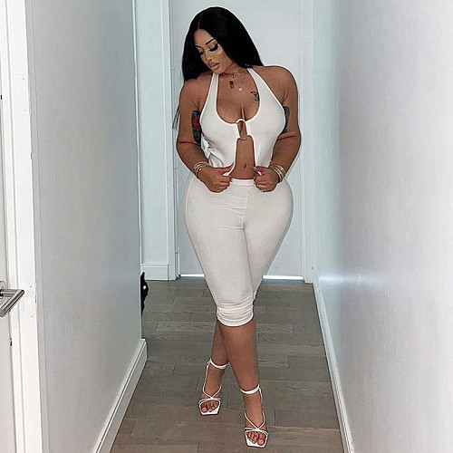 Women metal button halter backless crop top and bodycon capri pants sets XINY-J25ST086