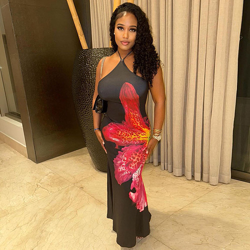 Sexy halter backless flower print black bodycon maxi dresses XINY-J25DS063