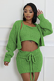 Strap Vest Cardigan High-waisted Lace-up Sweater Short Skirt Three-piece Set RS-6695