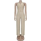 Solid color halter backless lace-up crop top with wide-leg pants women sets BY-7461