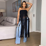 Sexy strapless off shoulder solid color long tassel tops BY-7436