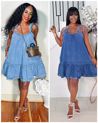 Washable Denim Skate Dress With Strappy For Women RS-6397