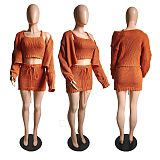 Strap Vest Cardigan High-waisted Lace-up Sweater Short Skirt Three-piece Set RS-6695