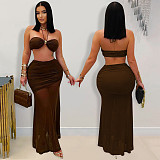 Sexy strapless off shoulder crop bra with wrinkle mesh long skirt women sets BY-7456