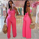 Solid color halter backless lace-up crop top with wide-leg pants women sets BY-7461
