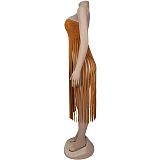 Sexy strapless off shoulder solid color long tassel tops BY-7436