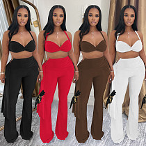 Sexy women strapless crop tops and bodycon pants solid color 2 pieces sets BY-7485