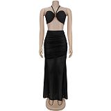 Sexy strapless off shoulder crop bra with wrinkle mesh long skirt women sets BY-7456