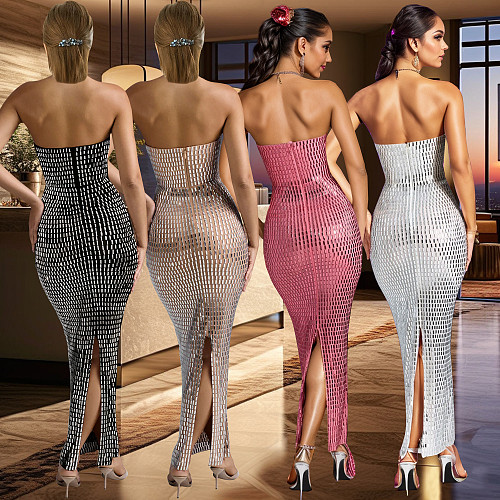 Sexy Strapless Hot Drilling Bodycon Split Maxi Club Dresses BY-6962