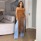 Sexy strapless off shoulder solid color long tassel tops BY-7436