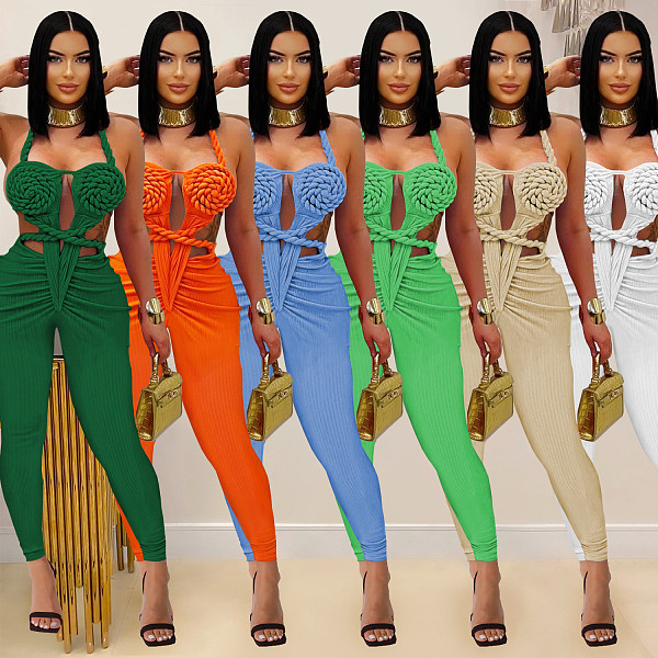 Women's sexy halter-neck backless solid color jumpsuit BY 7489