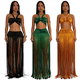 Sexy straps crop bra and long tassel skirt women 2 pieces sets BY-7438