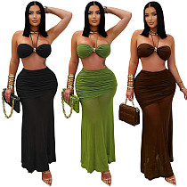 Sexy strapless off shoulder crop bra with wrinkle mesh long skirt women sets BY-7456