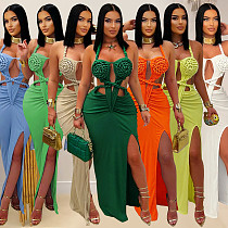 Fashion Women'S Sexy Knitted Hollow Backless Solid Color Dress BY-7407