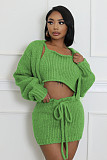 Strap Vest Cardigan High-waisted Lace-up Sweater Short Skirt Three-piece Set RS-6695