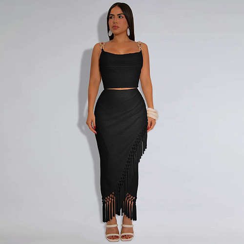Women's sexy straps top with tassel Long skirt Two-piece set BY-7471