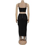 Women's sexy straps top with tassel Long skirt Two-piece set BY-7471
