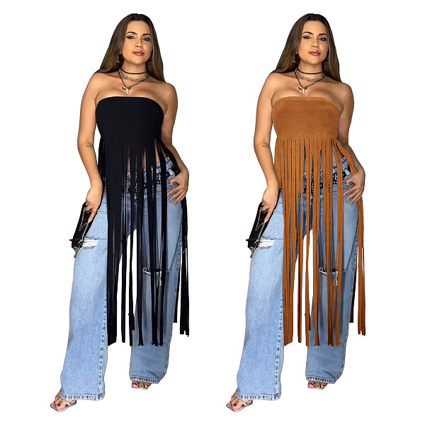 Sexy strapless off shoulder solid color long tassel tops BY-7436