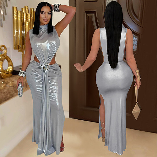 Sexy lady high-neck sleeveless package hips split long club dress BY-7476