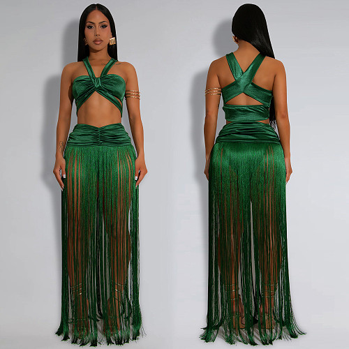 Sexy straps crop bra and long tassel skirt women 2 pieces sets BY-7438
