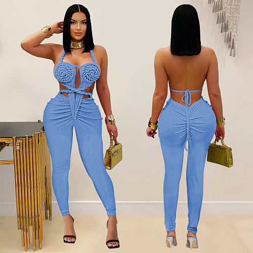 Women's sexy halter-neck backless solid color jumpsuit BY 7489