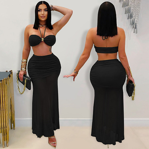 Sexy strapless off shoulder crop bra with wrinkle mesh long skirt women sets BY-7456