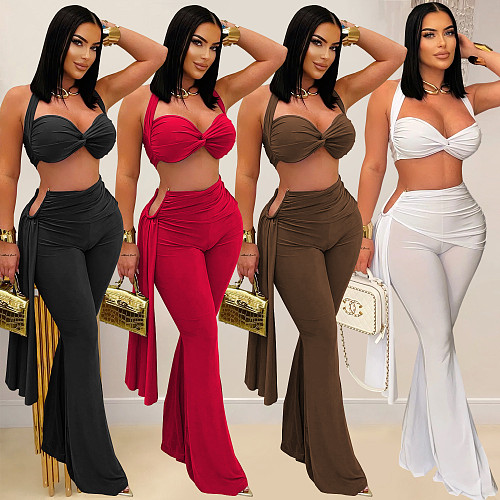 Sexy women strapless crop tops and bodycon pants solid color 2 pieces sets BY-7485