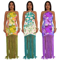 Stylish print women sleeveless backless tassel long dresses YF-10880