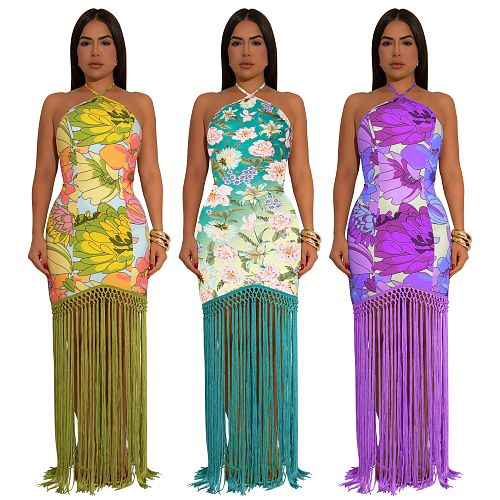 Stylish print women sleeveless backless tassel long dresses YF-10880