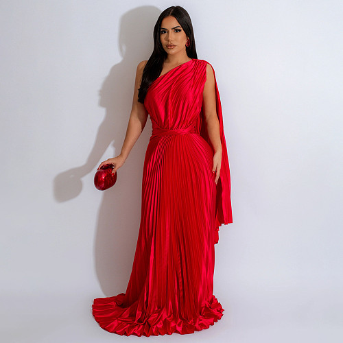 Red women one-shoulder oblique neck wrinkle long dresses YF-20020