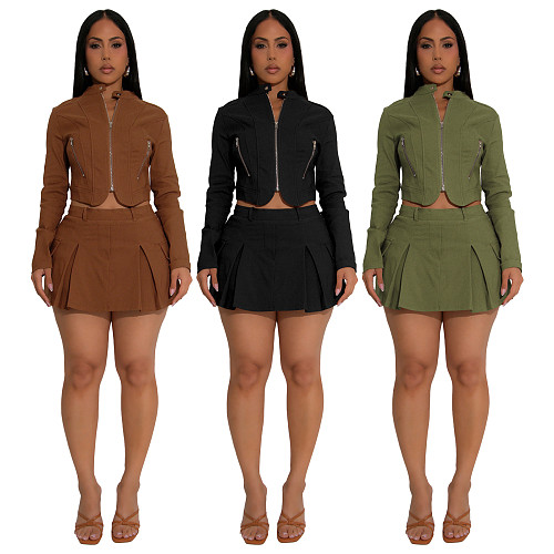 Women long sleeves zipper tops and short skirt two pieces sets YF-10888