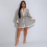 Casual women stripes print long sleeve A-line Blouse short dress YF-10876