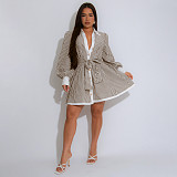 Casual women stripes print long sleeve A-line Blouse short dress YF-10876
