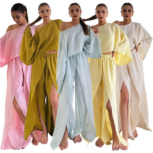 Vacation style women off shoulder long sleeves slits pants 2 pieces sets YF-10885