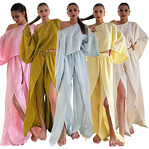 Vacation style women off shoulder long sleeves slits pants 2 pieces sets YF-10885 Vacation style women off shoulder long sleeves slits pants 2 pieces sets YF-10885