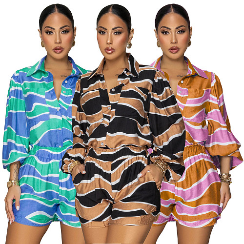 Fashion print women long sleeves blouse and shorts two pieces sets YF-10868