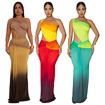 Sexy hollow-out expose-waist gradient color single shoulder long dresses YF-1087