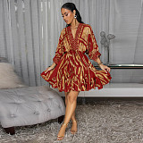 Stylish prints lady V-neck long sleeves hem midi dress YF-10878