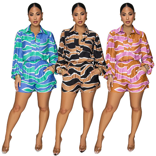 Fashion print women long sleeves blouse and shorts two pieces sets YF-10868