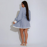Casual women stripes print long sleeve A-line Blouse short dress YF-10876