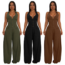Women pockets sleeveless backless casual long jumpsuit YF-10884