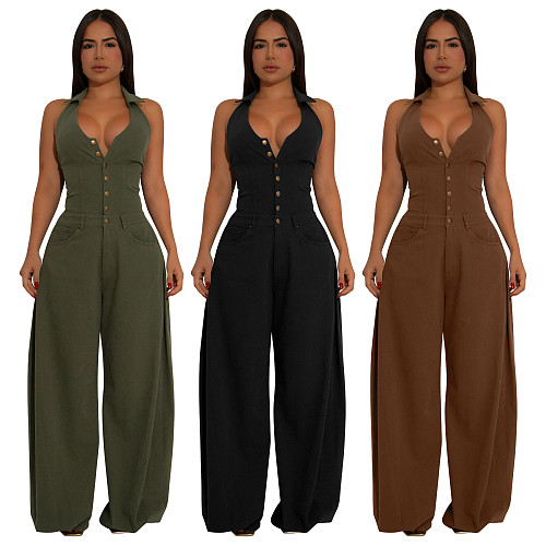 Women pockets sleeveless backless casual long jumpsuit YF-10884