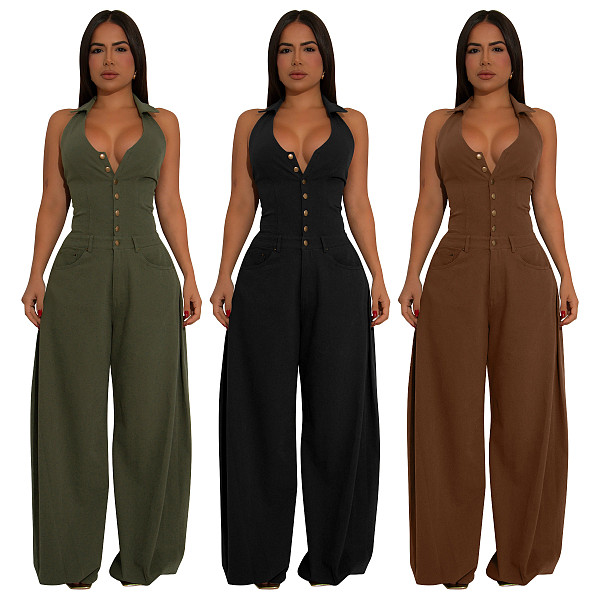 Women pockets sleeveless backless casual long jumpsuit YF-10884